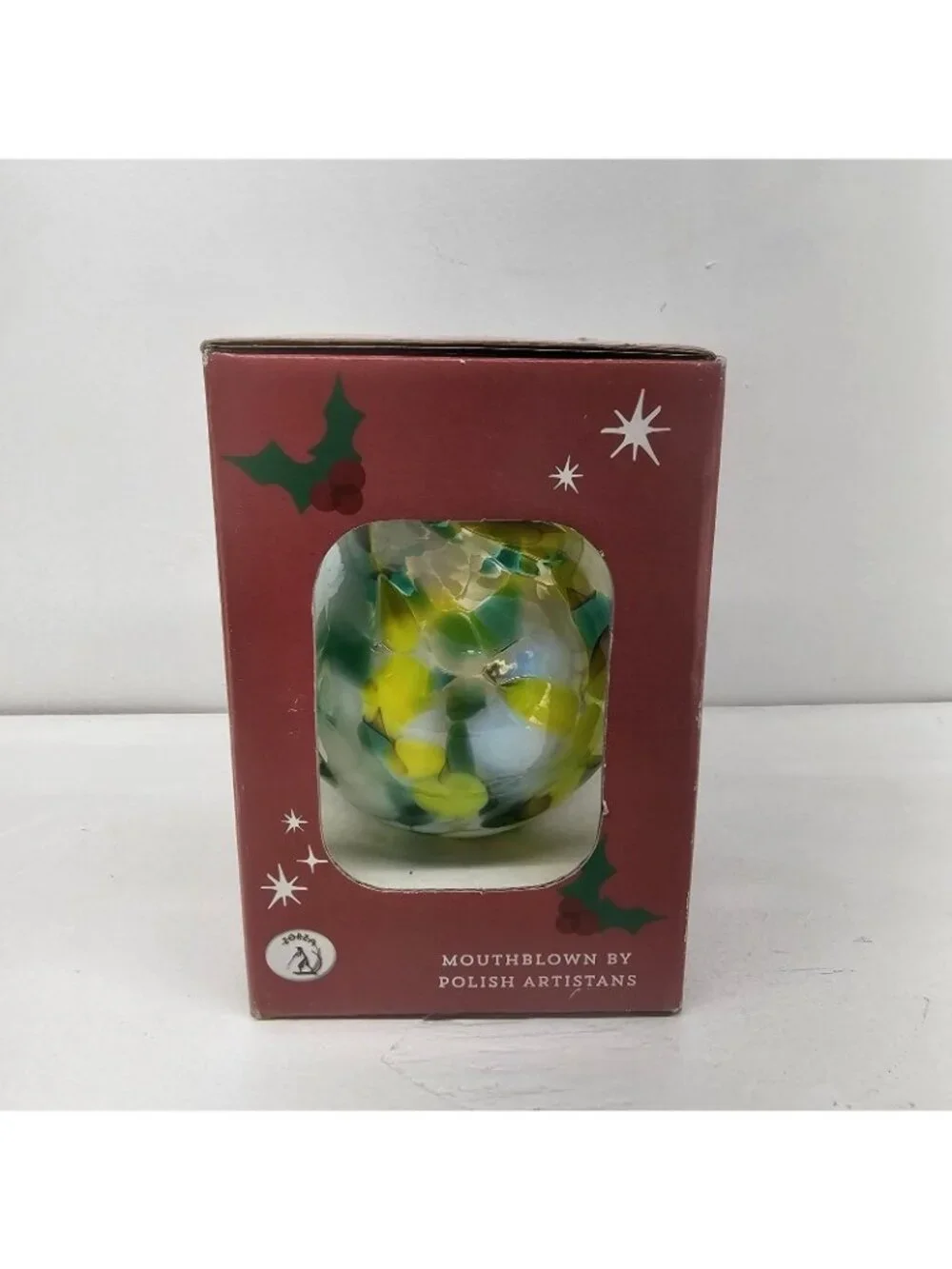 Huta Szkla Zorza Handmade Glass Christmas Ornament Poland Green Yellow White
